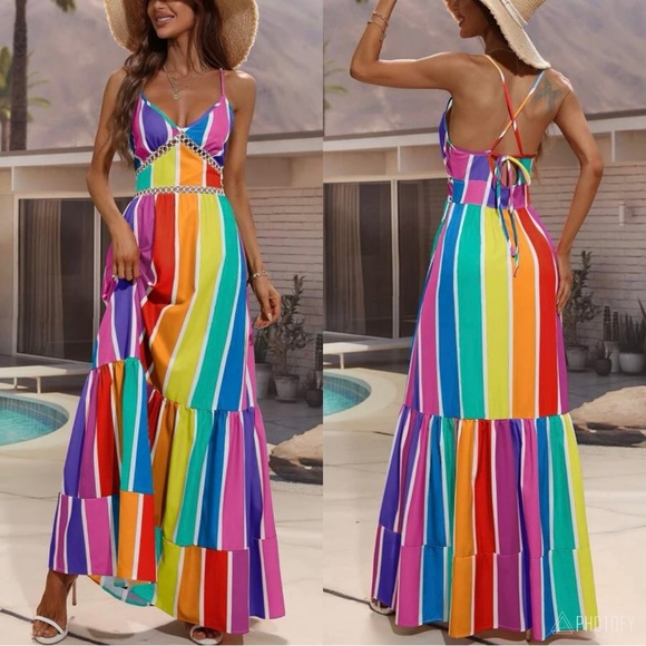 Boho Rainbow STripe Backless Crocheted Lace up Maxi Dress - Picture 1 of 4